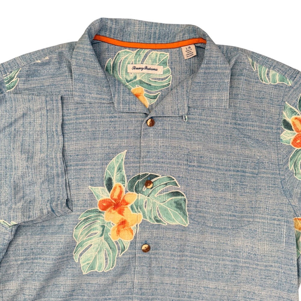 Tommy Bahama IslandZone Silk Shirt Mens L Blue Floral Monstera Leaf Button Up‎